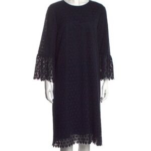LAFAYETTE 148 New York Navy Blue Embroidered Bell Sleeve Lined Dress- Size L